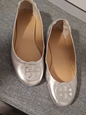 Tory Burch Metallic Silver Logo Ballet Flats